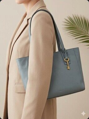 Fossil Emma Tote Bag Shoulder Purse Leather Steel Blue Color